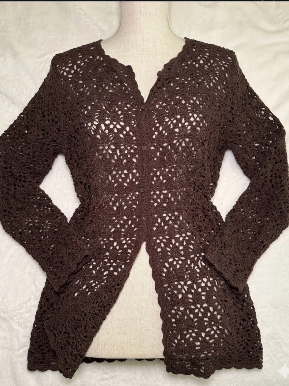 Bohemian 90s Grannycore Brown Crochet Lace Long Sleeves Long Cardigan Size XL